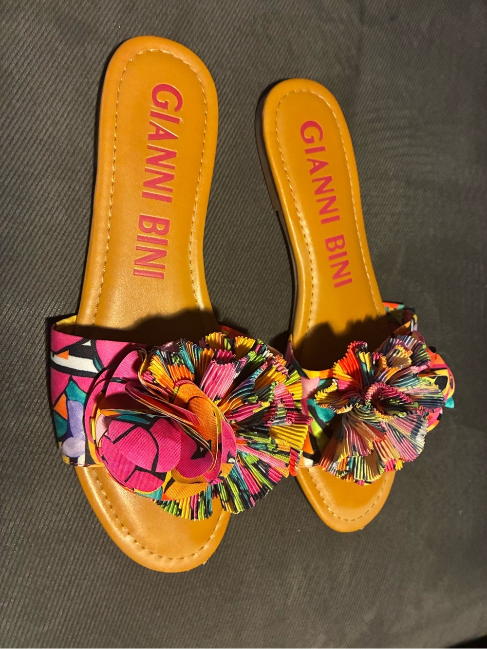 Gianni Bini Multicolor Floral Pom Slide Sandal with Orange Footbed